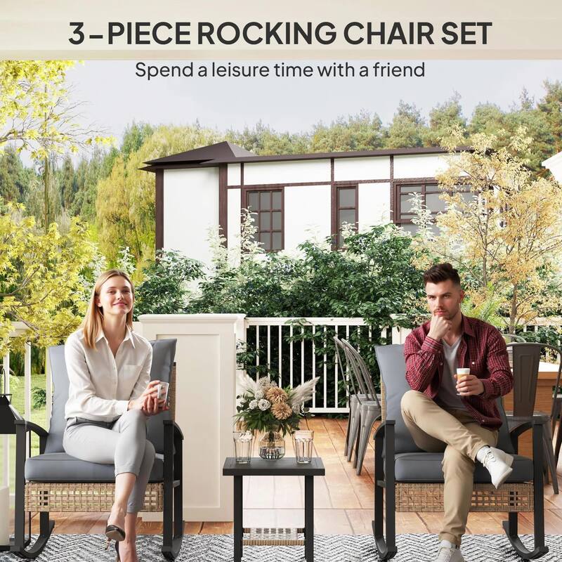 3-Piece Wicker Set, Rocking Chairs with Tufted Cushions,Coffee Table