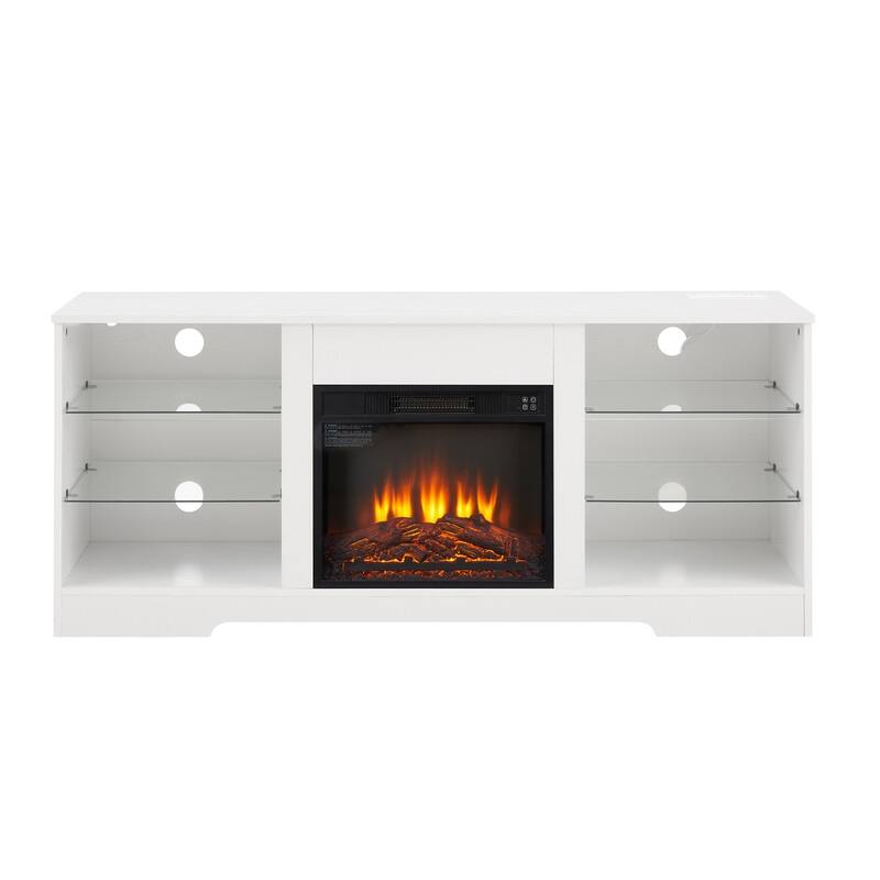 58" Modern TV Stand with Electric Fireplace, LED Lights, USB Charging & Glass Shelves for TVs up to 62"