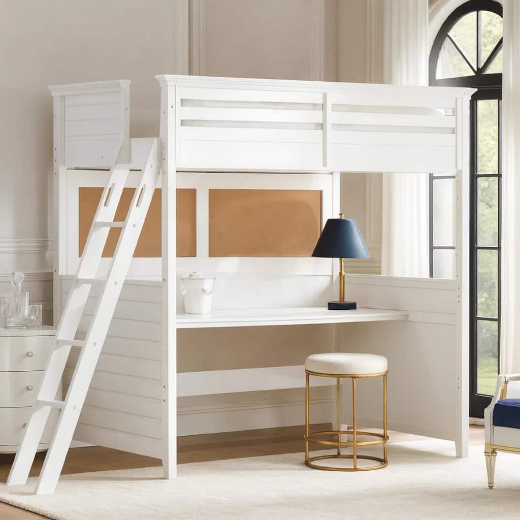 Wood Twin Size Loft Bed with Desk, White