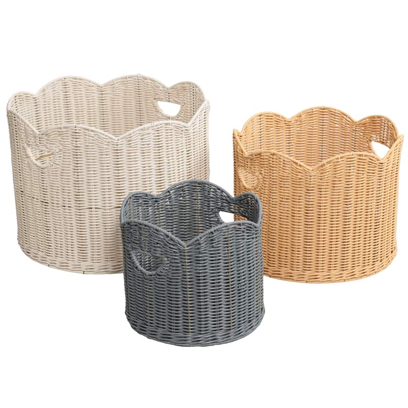 Maris Resin/Metal Scalloped Edge Nesting Storage Baskets, Handles (Set of 3) - Almond Natural Gray