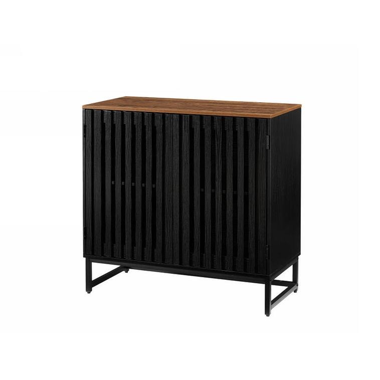 Accent Cabinet with Slatted Grille Striped Doors, Freestanding Wooden Buffet Cabinet, Storage Cabinet with Metal Legs