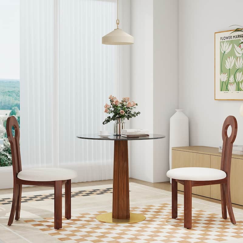 Modern Round Dining Table, 33.5" Tempered Glass Table with Wooden Leg & Gold Base, 2 - Person Kitchen Table for Small Space
