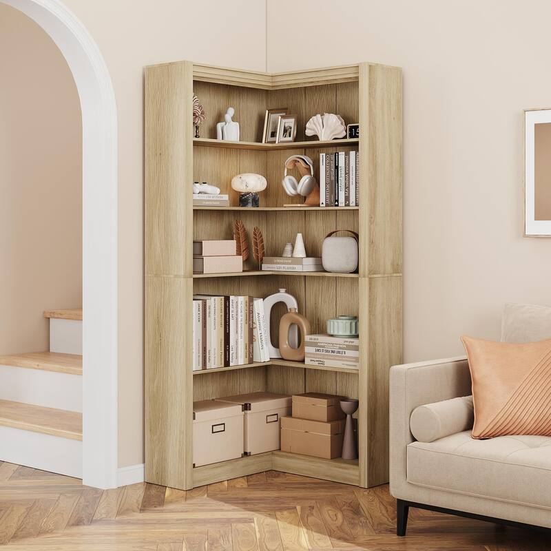 71.8" Tall Corner Bookshelf, 5-Tier L-Shaped Corner Bookcase, Modern Industrial Wood Display Storage Shelves for Living Room