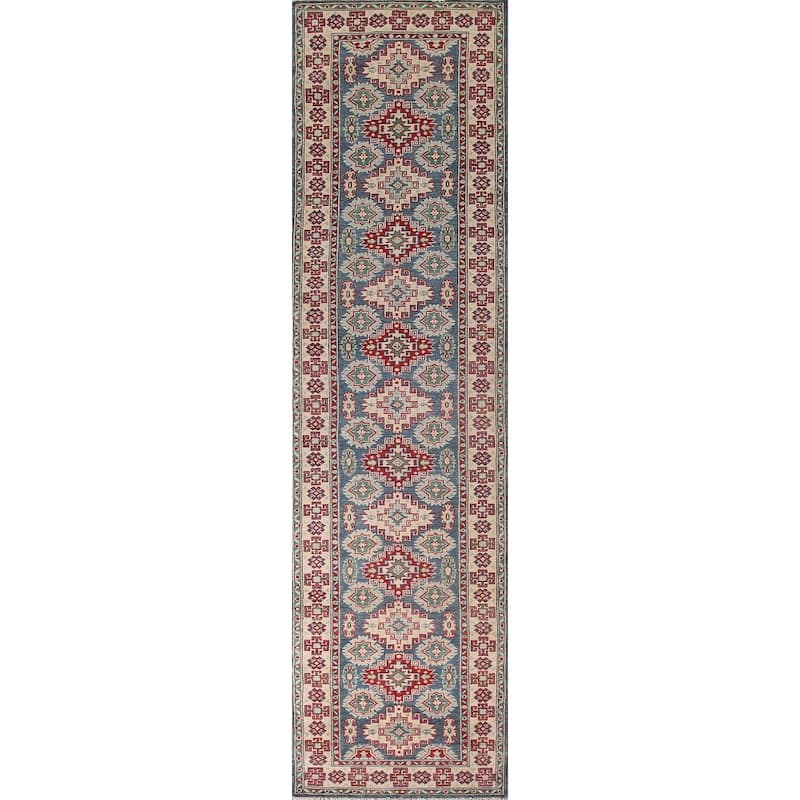 Blue Geometric Kazak Runner Rug Handmade Oriental Wool Carpet - 2'8" x 12'7"