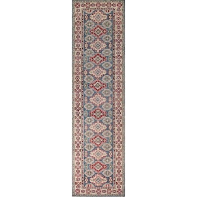 Blue Geometric Kazak Runner Rug Handmade Oriental Wool Carpet - 2'8" x 12'7"