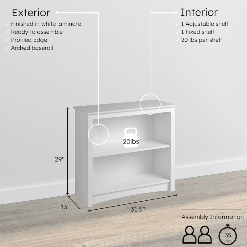 2-shelf Bookcase - 31.5" W x 29" H x 13" D