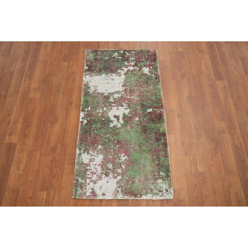 Hand Knotted Oriental Viscose Silk Carpet Modern All-Over Green Abstract Area Rug - 4' 0'' X 2' 0''