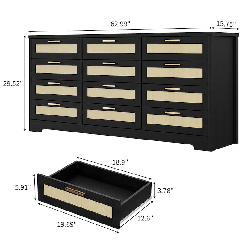 12 Drawer Dresser for Bedroom, Modern Farmhouse Rattan Chest of Drawers with Handles, Wood Dresser for Closet