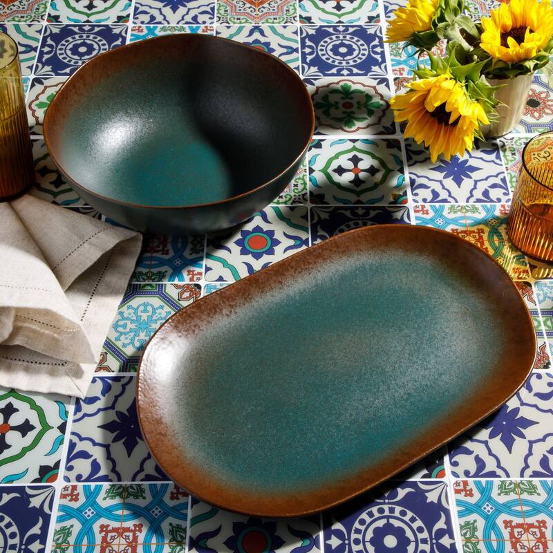 Bloomhouse Palermo Sun 2 Piece Serving Bowl and Oval Platter Stoneware Reactive Glaze Serveware Set