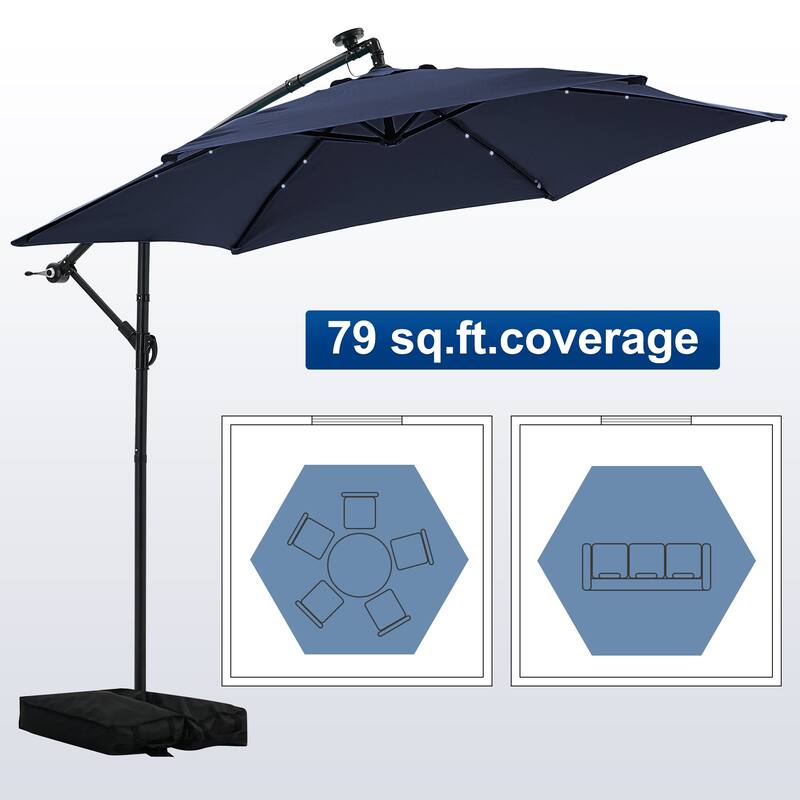 Autlaycil 10ft Offset Hanging Market Patio Umbrella With Base&Solar Lights