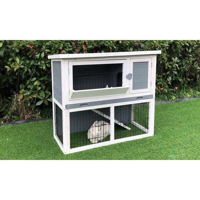 Hanover Outdoor Wooden 2-Story Rabbit Hutch with Ramp, Wire Mesh Run, Waterproof Roof, Removable Tray 3 Ft.W x 1.5 D x 2.6 H