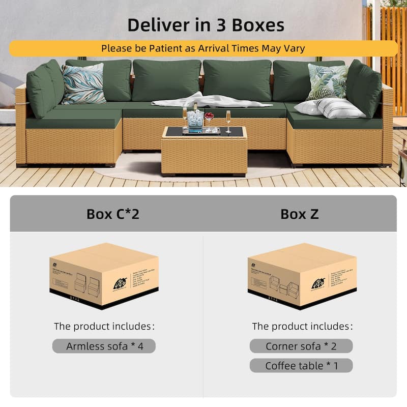 Patio Watcher 7-Piece Patio Yellow Wicker Sectional Seating Group with Cusions and Side Table