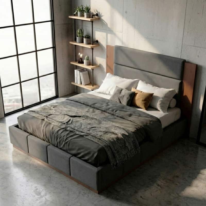 Upholstered Bed Low Profile Platform Bed Modern Wood Base Grounded Bed with Extended Wood Headboard and Upholstered Wingback - Grey - Queen