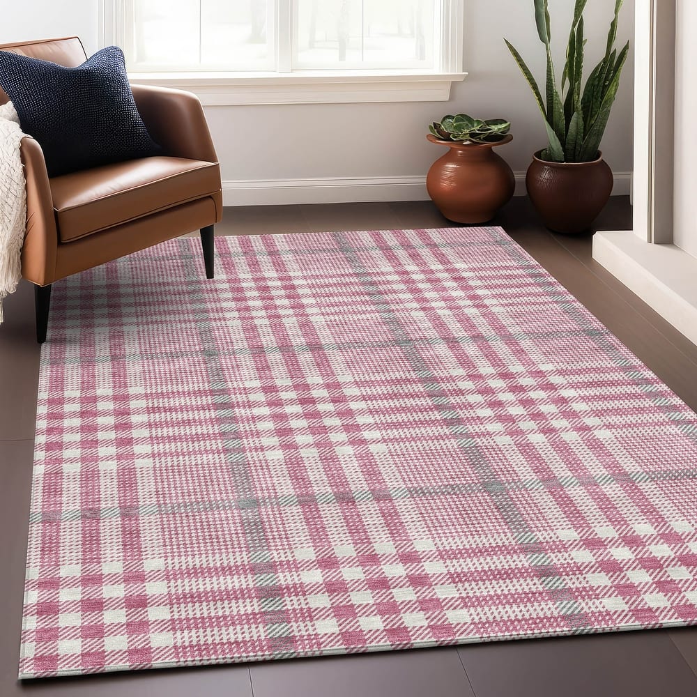 Machine Washable Indoor/ Outdoor Plaid Chantille Rug
