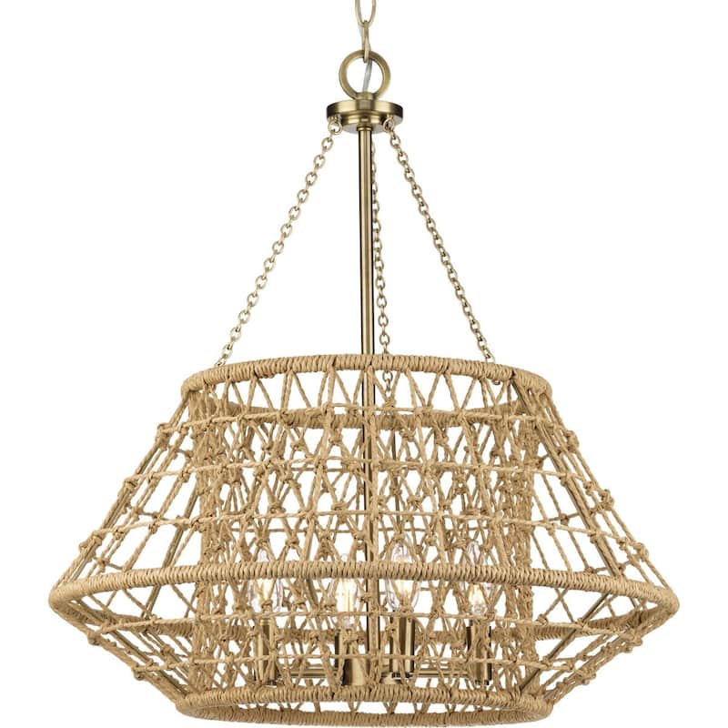 Laila Collection Four-Light Vintage Brass Coastal Chandelier with Woven Jute Accents - 22.37 in x 22.37 in x 23.62 in - 22.37 in x 22.37 in x 23.62 in