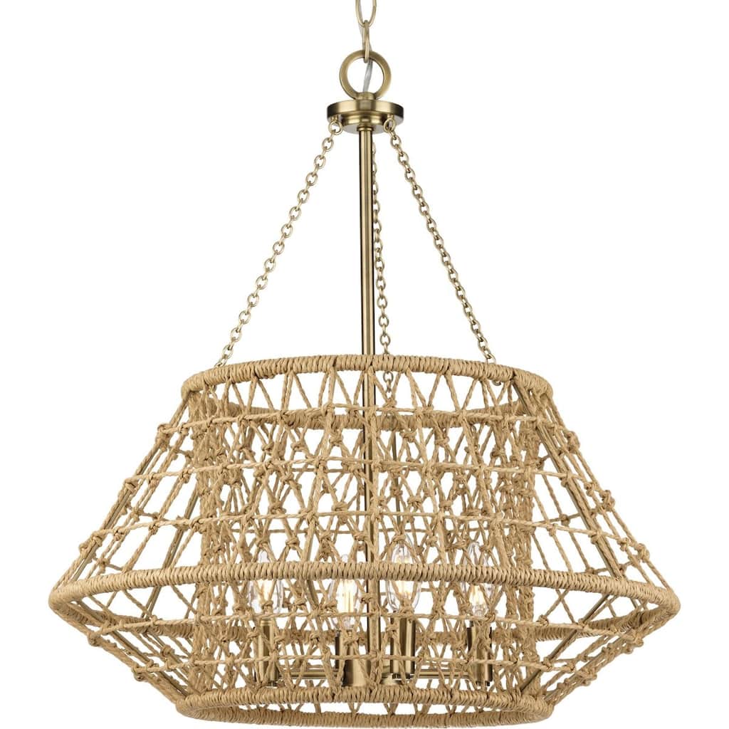 Laila Collection Four-Light Vintage Brass Coastal Chandelier with Woven Jute Accents - 22.37 in x 22.37 in x 23.62 in