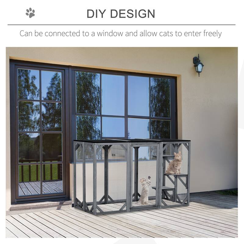 Grey Fir Wood Cat Cage with 3 Platforms and Weather-Resistant Roof
