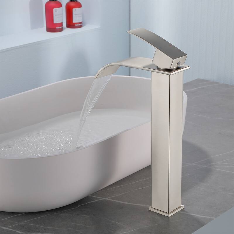 Single Handle Waterfall Bathroom Vessel Sink Faucet with Pop-up Drain 304 Stainless Steel 1 Hole High Tall Basin Vanity Faucets