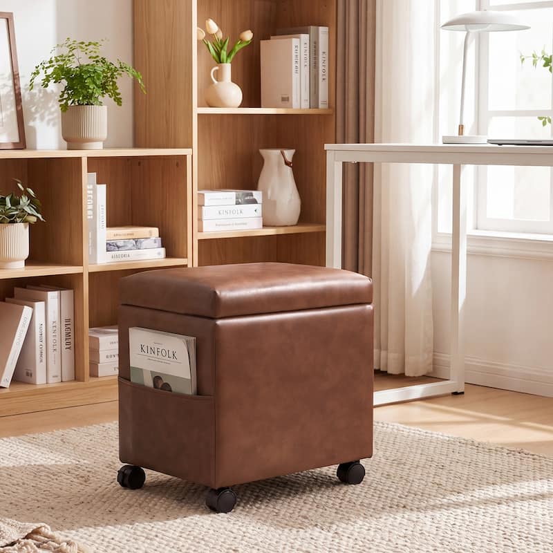 Adeco 16" W Upholstered Rectangle Storage Ottoman with Tray and Pocket - Brownish-Yellow-Faux-Leather-with-Casters
