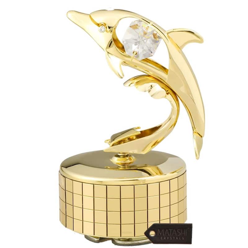 Matashi Decorative Tabletop Showpiece 24K Gold Plated Music Box plays -" You Are my Sunshine" w Dolphin Figurine