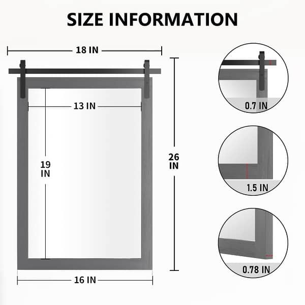 dimension image slide 10 of 20, Farmhouse Barn Door Bathroom Vanity Wall Mirror with Solid Wood Frame