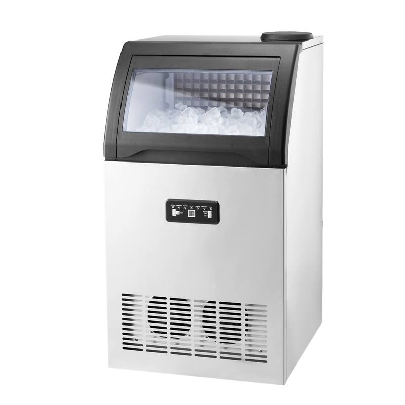 Silver Black Stainless Steel Commercial Ice Maker with 130 lbs Daily Output and Auto Cleaning - 17.1 x 16.1 x 31.5 in