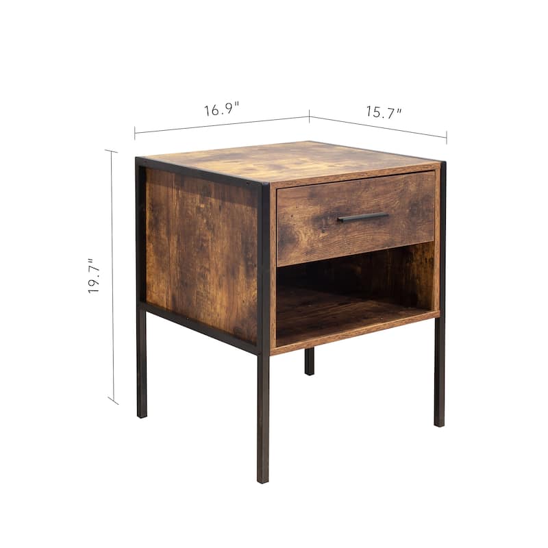 Industrial Nightstand Set of 2, Night Stand with Open Shelf Cabinet, 2 Pcs Wood Nightstand with Metal Handles for Bedroom