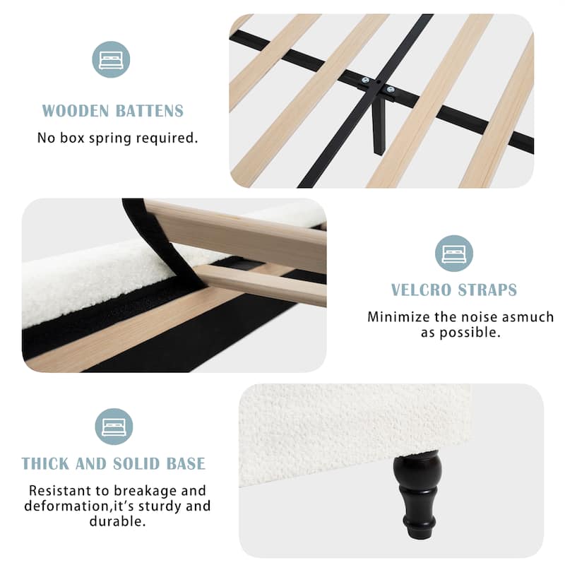 Boucle Upholstered Platform Bed with 55.5" High Wingback Headboard, Slats Support, Solid Wood Feet and Optional King or Queen
