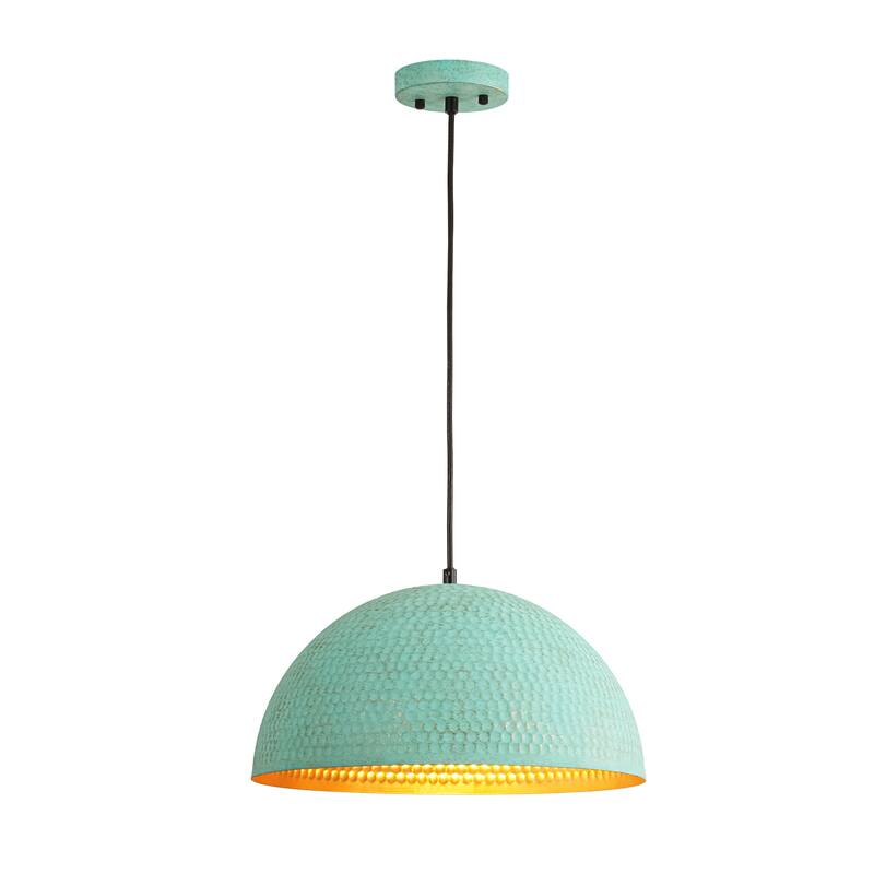 15.7" 1-Light Retro Antiqued Green Hammered Dome Pendant with Gold Interior Hanging Light for Dining Room