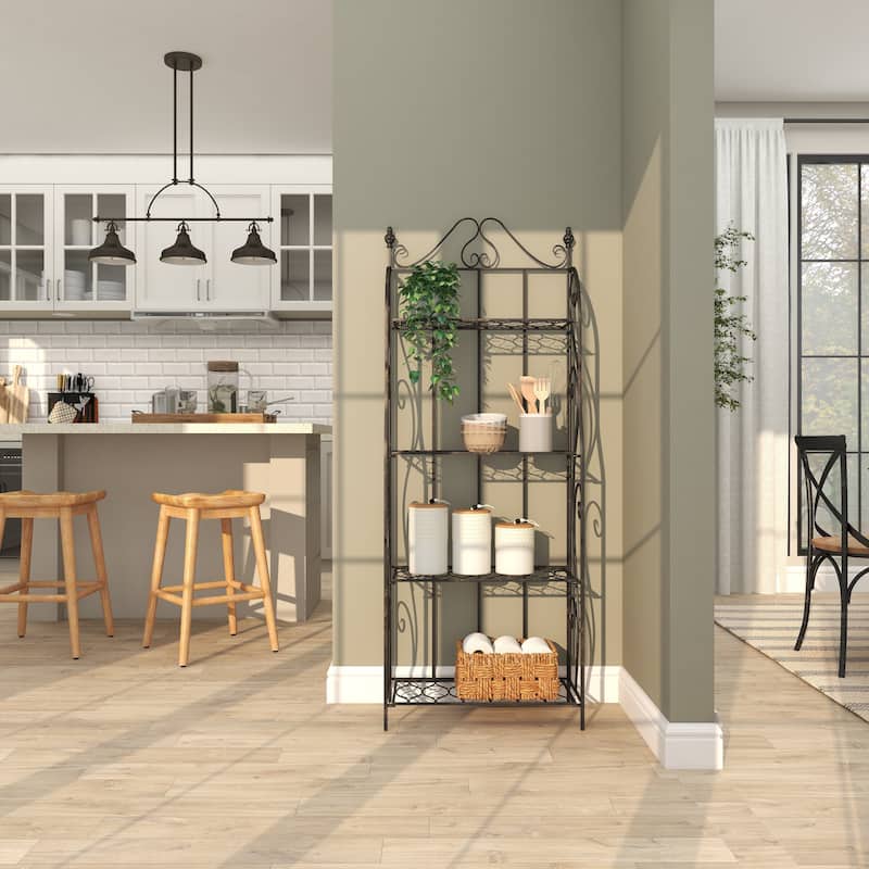 Metal Scroll Indoor Outdoor Tall Folding 4 Shelf Bakers Rack - Black - Roche River Decor