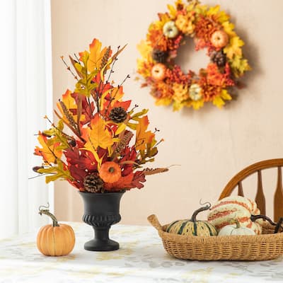 Glitzhome 24"H Fall Maple Leaf Pumpkin Urn Table Tree Thanksgiving