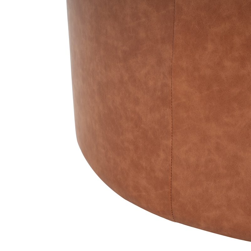 PU Leather Round Ottoman - Cognac Brown Upholstered Versatile Piece