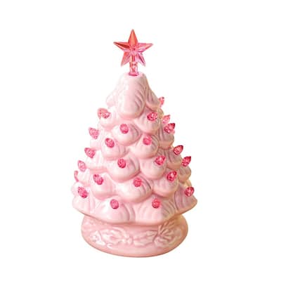 7" Pink Ceramic Christmas Tree, Prelit Tabletop Christmas Tree with Extra Clear Top Star & Bulbs