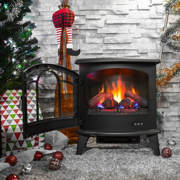 DELLA 20 Freestanding Portable Electric Fireplace Heater Heat Log Flame Stove 1400W Black