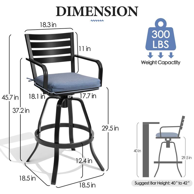 Outdoor Indoor Patio Aluminum Swivel Bar Stools Set with Sunbrella Cushions