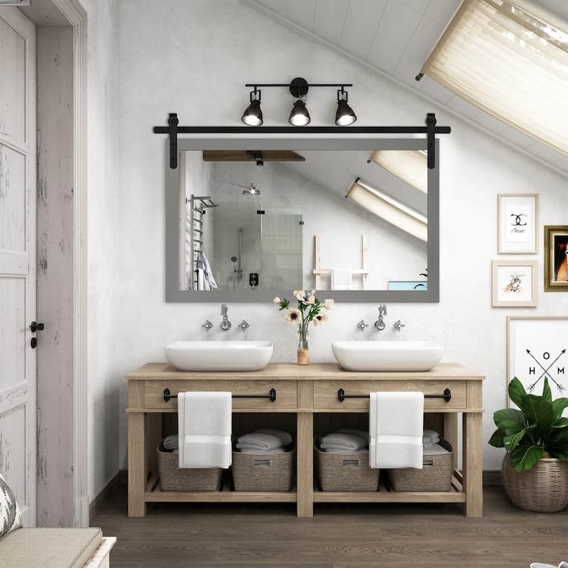Rustic Farmhouse Mirror Vanity Mirror Solid Wood Frame with Metal Barn Style Mirror