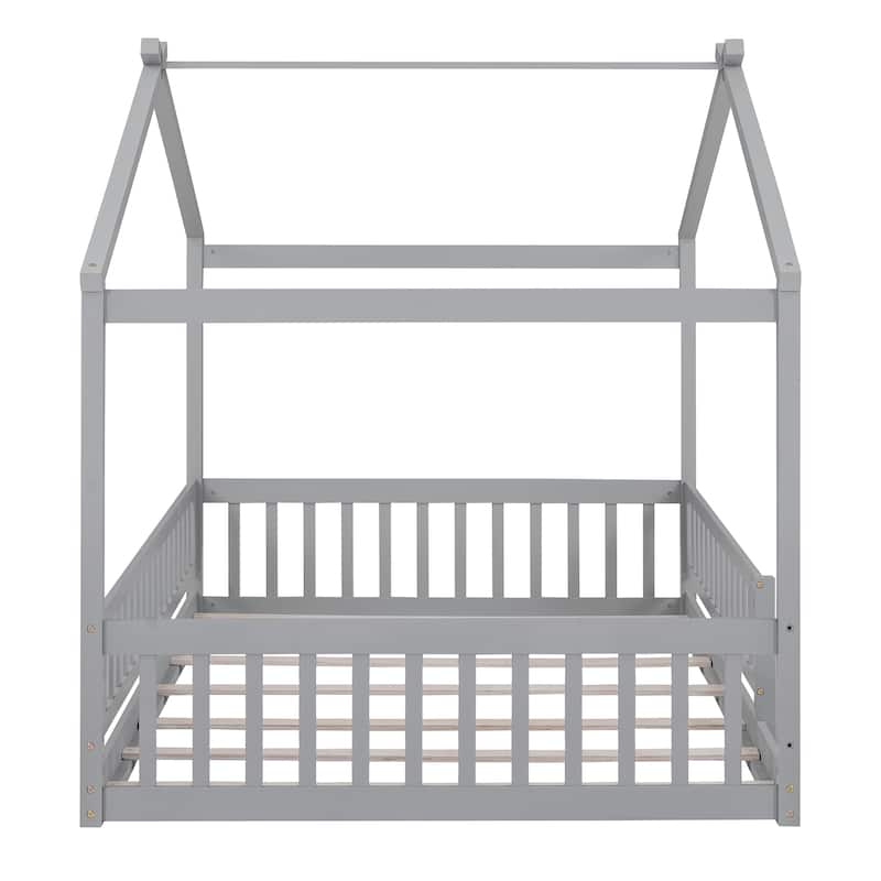 Full Size House Bed with Roof and Fence, Perfect for Kids' Play and Sleep