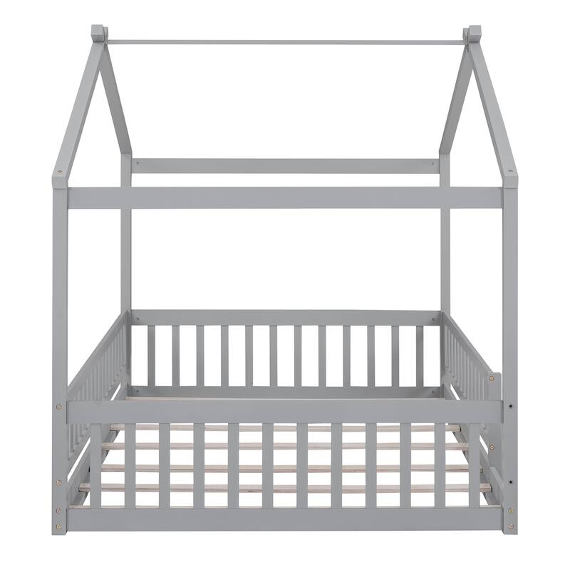 Full Size Wood Bed House Bed Frame with Fence, for Kids, Teens, Girls, Boys