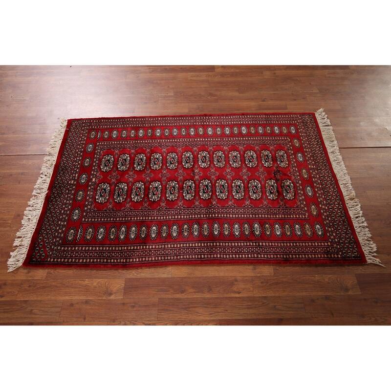 Red Geometric Bokhara Vintage Accent Rug Hand-Knotted Wool Carpet - 3'2" x 5'1"