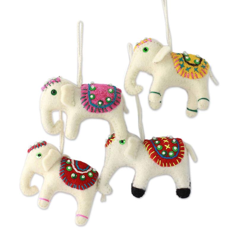 Set of 4 Handmade Wool 'White Elephants' Ornaments (India) - Solid