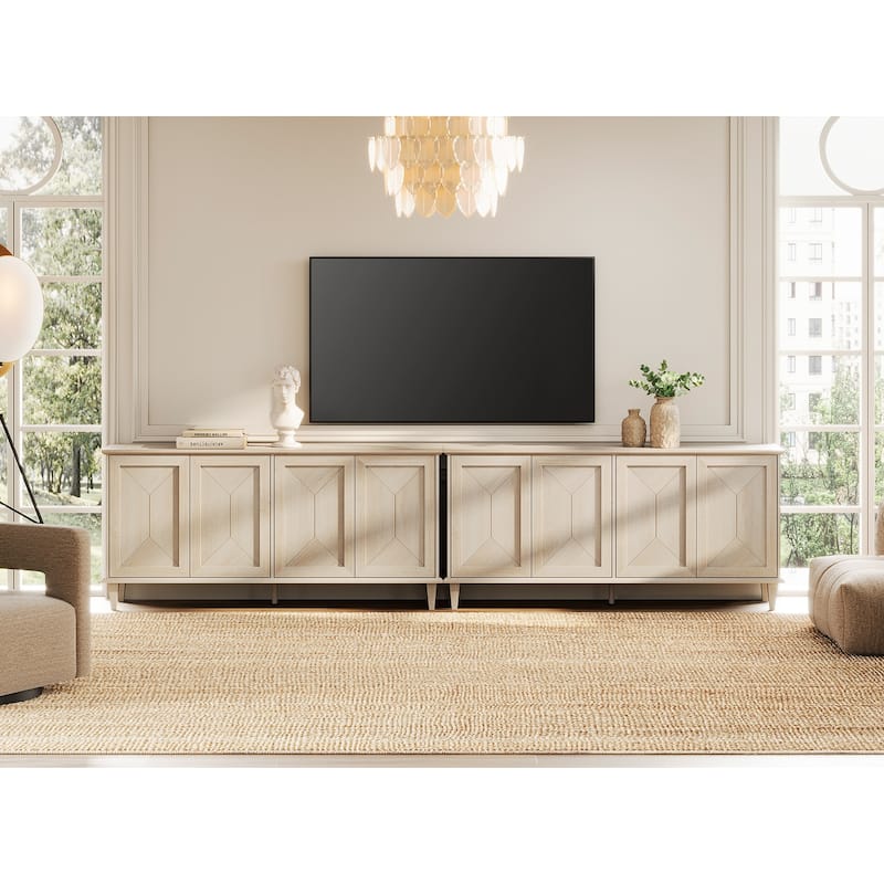 Modern Farmhouse TV Stand with Handcrafted Patchwork Doors for 55-130" TVs - Light oak - 130 inches in width