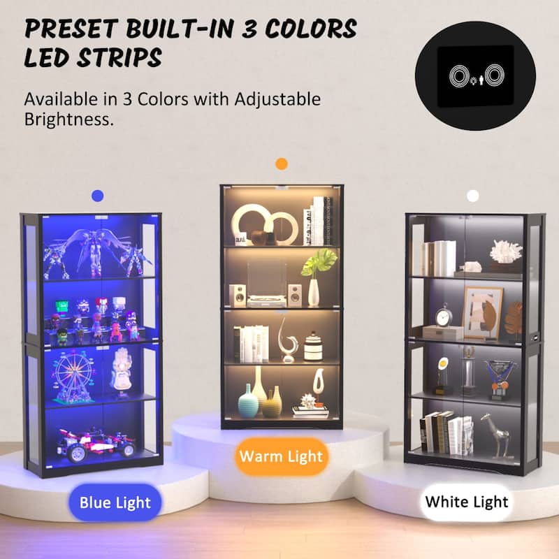 VEIKOUS 68.9" Tall Glass Display Cabinet with Built-in LED Lights & Motion Sensor for Lego, Collectibles, Figures