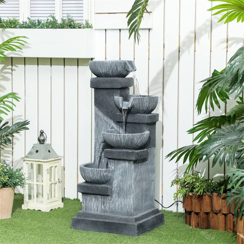 Four-Tier LED Water Fountain Gray Resin Outdoor Patio Garden Backyard with Pump and Cascading Bowls - Grey