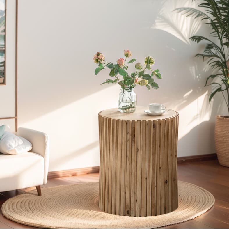 Retro Fashion Style Cylindrical Coffee Table with Vertical Texture Relief Design,Suitable for Living Room,Office,and Dining Room