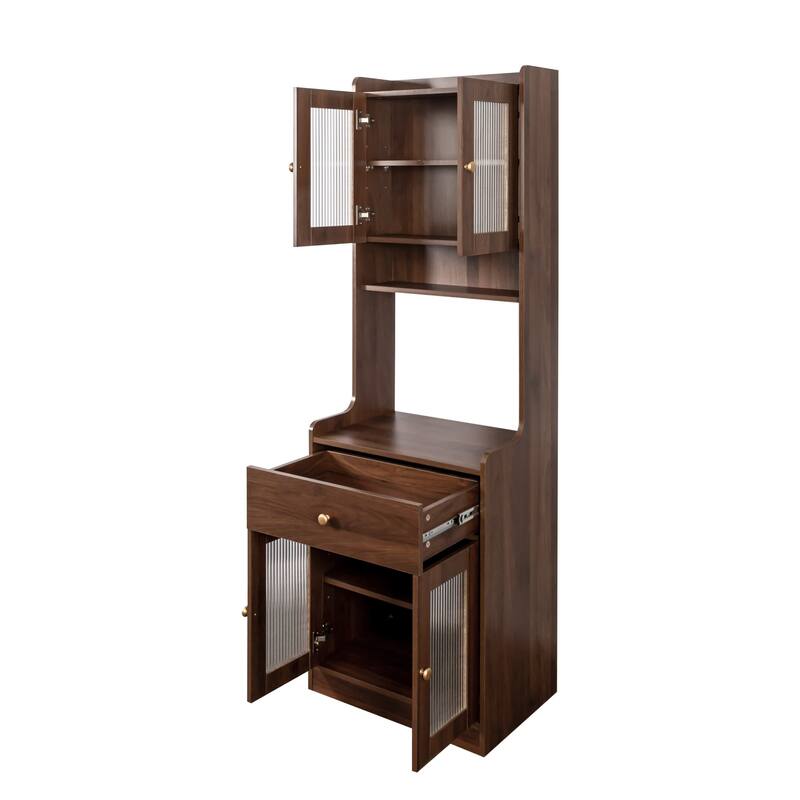 Roomfitters Kitchen Pantry Hutch Cabinet, Tall Farmhouse Buffet with Microwave Stand and Storage Shelves, Walnut Brown