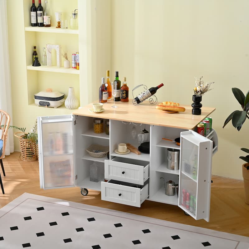 Mobile Kitchen Island Storage Trolley Cart on Wheels with Dropleaf Top, Towel/Spice Rack,2 Drawers, 2-Door Cabinet, White