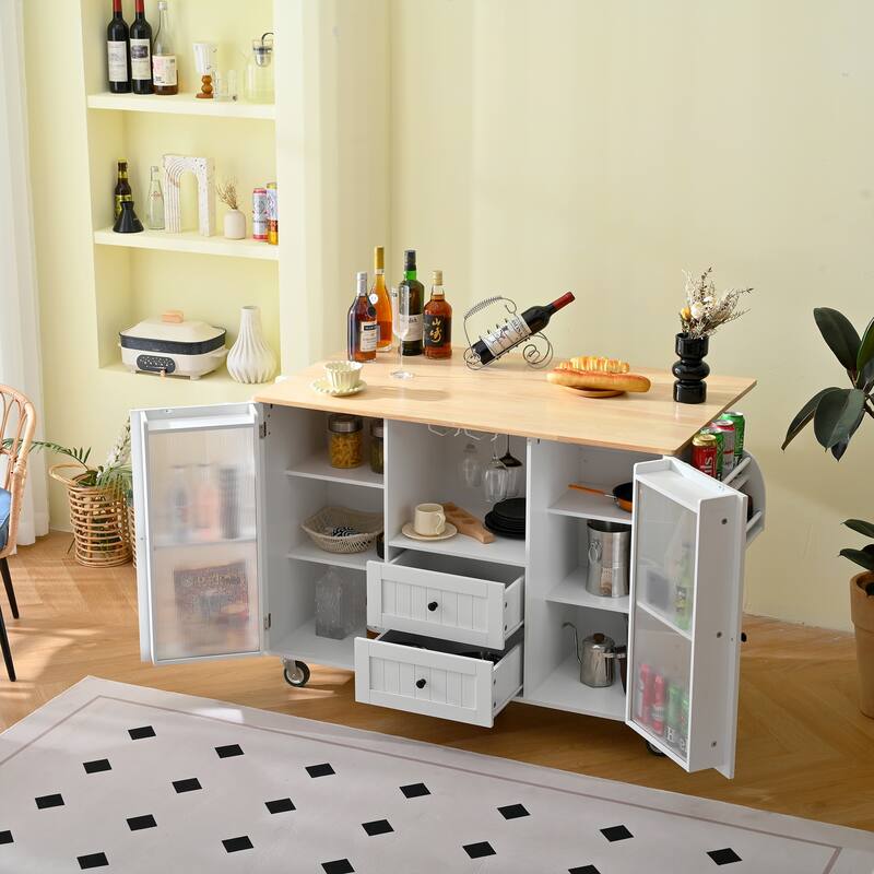Mobile Kitchen Island Storage Trolley Cart on Wheels with Dropleaf Top, Towel/Spice Rack,2 Drawers, 2-Door Cabinet,White