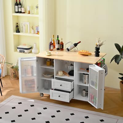 White Mobile Kitchen Island Cart With Wheels, Drop-Leaf Top, Towel/Spice Rack, Two Drawers And Two-Door Cabinet.