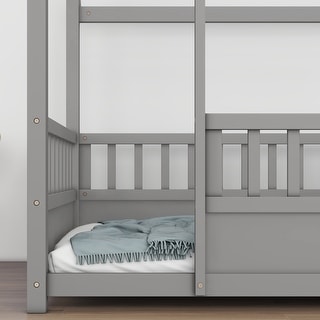 Twin House Frame Floor Bed with Fence and Roof - Playful and Safe for Kids