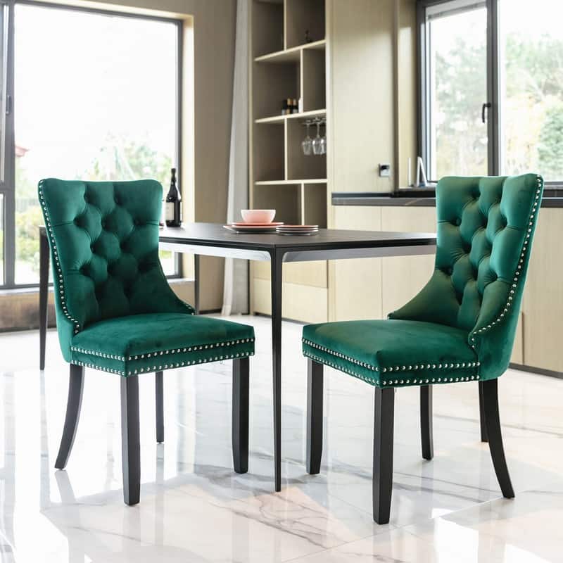 Tufted Velvet Dining Chairs with Nailhead Trim (Set of 2) - Green